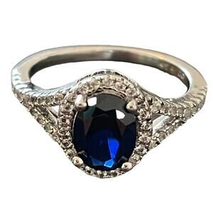 925 Sterling Silver Blue & White Lab Created Sapphire Gemstone Ring Size 7